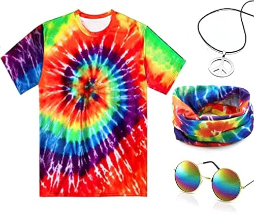 Hippie Kostüm Set, 70er Kostüme Set mit Hippie T-Shirt Brille Peace Halskette Stirnband für Herren 60er 70er Jhare Party Fasching Karneval