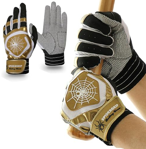 Spider Grip Baseball-Softball-Schlaghandschuhe für Herren und Kinder (Schwarz/Gold, Größe L)