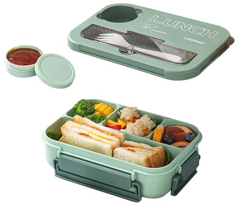 SDFNBRA Bento Lunch Box with Tableware, 1200ML Lunch Box-Double Layered 6 Compartment Bento Box, Built-in Utensil Set, Leak-Proof (Green-II)