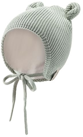 Sterntaler Strickmütze aus Baumwolle (Bio) - GOTS Unisex Baby Strickmütze mit kleinen, angesetzten Öhrchen - Wintermütze mit flauschigem Baumwollfutter, Ohrenklappen und Bindeband - steingrün, 45