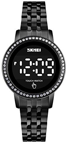 zolohoni Stainless Steel Digital Watches for Women, LED Touch Screen Bracelet Watches Waterproof Elegant Crystal Wrist Watch Clock for Ladies, Round Black, Vintage
