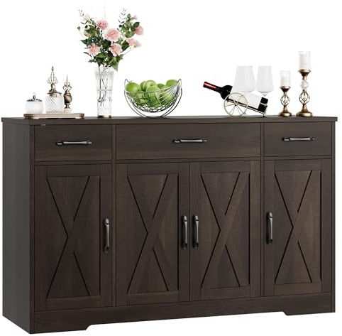 HOSTACK Buffet Cabinet with Drawers, 55 Large Sideboard Buffet Storage Cabinet with Shelves and Doors, Modern Farmhouse Coffee Bar Station Wood Kitchen Table for Kitchen, Dining Room, Dark Brown