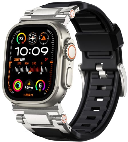 Bandletic R-Steel Cinturino Compatibile con Apple Watch Ultra 2/Ultra 49mm, Serie 9/8/7 45mm, Serie SE2/6/SE/5/4 44mm, Robusto Bracciale di ricambio in FKM con Elegante e connettore Metallico, Nero