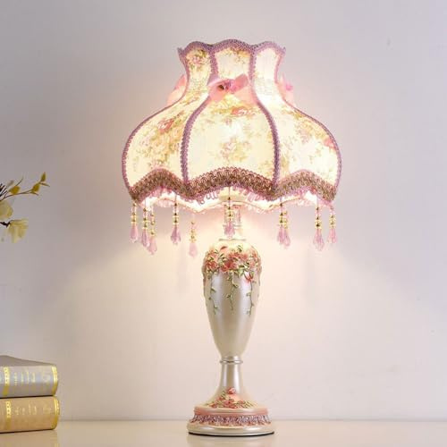 WLBHWL Antike Viktorianische Lampe Mit Fransen Und Spitze, Rosa, Vintage-Stoff-Tischlampe Mit Schirm, Europäische Pastorale Nachttisch-Tischleuchte In Vasenform Für Schlafzimmer Und Wohnzimmer