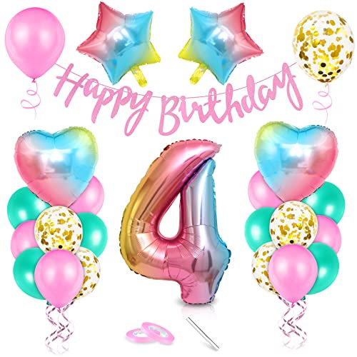 Luftballon 4. Geburtstag Rosa, Geburtstagsdeko 4 Jahr, Ballon 4. Geburtstag, Riesen Folienballon Zahl 4, Happy Birthday Folienballon 4, Ballon 4 Deko zum Geburtstag Mädchen