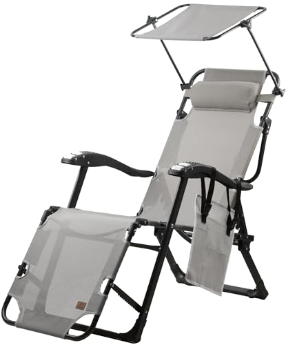 CampFeuer Tumbona Plegable con Parasol | Tumbona Reclinable y Plegable | Tumbona Reclinable con 6 Posiciones y Almohada | Tumbona de Exterior, de Jardín, Camping, Patio, Playa | Silla de Camping