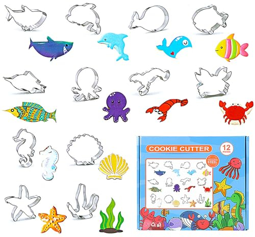 Holzsammlung Set di 12 Formine per Biscotti, Tagliabiscotti Acciaio Inox Cartone Animato Squalo Delfino Stella Marina Forme di Stampi Biscotti per Bambini DIY Biscotti, Fondente, Torte Decorazioni