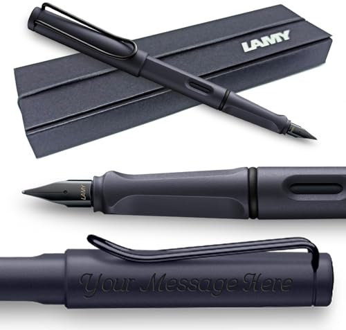Fountain Pen Lamy Safari Medium Nib - Personalised with Engraving and GIFT BOX (Steel Black, Medium Nib)