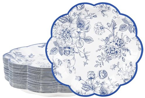 Elyxio Vintage Floral Leaf Disposable Paper Plates - Wildflower Blue Toile 7 Scalloped Rim Dessert Plates for Christmas, Birthday, Bridal & Tea Parties (48)