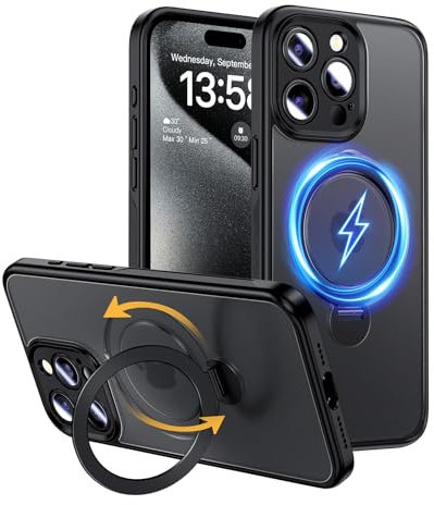 MAGIC JOHN für iPhone 15 Pro Hülle [Kompatibel mit MagSafe] (Unsichtbarer Ständer, Umfassender Militärischer Schutz, Verstellbarem Ständer) All-in-One Handyhülle Case (Schwarz)