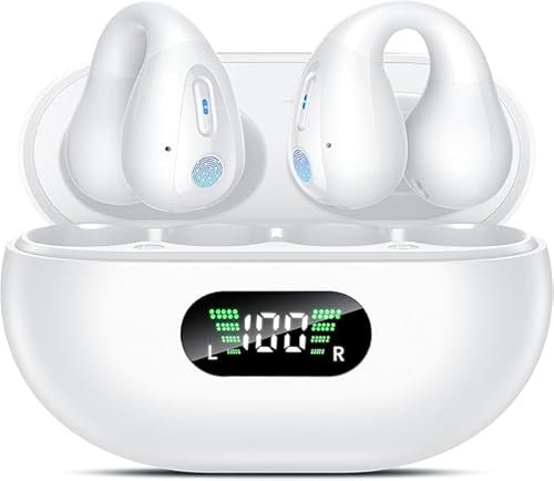 Open Ear Bone Conduction Headphones,Comfort-Clip On Wireless Earbuds Bluetooth 5.3, Sports Ear Buds with ENC Mic, 36 Hours HlFl Earpods with LED Display Charging Case,lPX7 Running Earphones, White