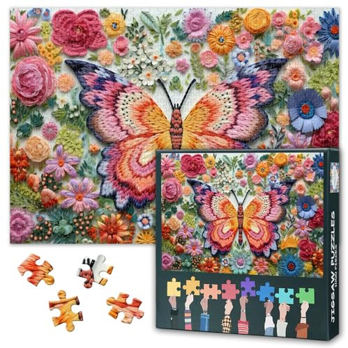 1000 Pieces Butterfly and Flowers Jigsaw Puzzles for Adults Embroidery of Butterfly Jigsaw Puzzle for Adults Artwork Decor Challenging Intelligence Puzzles for Family Indoor Games 27.5x19.7