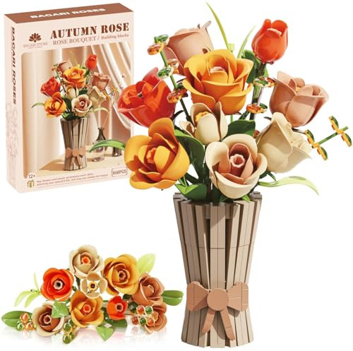 Bagari Roses Bouquet Building Set - Fiori artificiali con vaso, compatibile con kit Lego per adulti, collezione per casa, ufficio, regali per donne, uomini, compleanni, anniversari, 868 pezzi