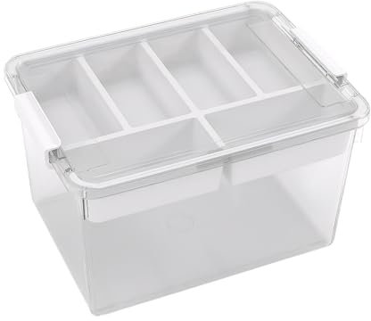 16L Cajas Almacenaje Plastico, Caja de Almacenamiento Transparente con Tapa, Clips de Cierre, 5 Compartimentos de Almacenamiento, Ideal para Almacenar Juguetes Libros Ropa Mantas, 29.5*18.5*40.5cm