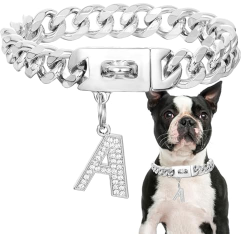 Silbernes Hundehalsband mit Anhänger,Edelstahl-Walking-Metallkettenhalsband, 19mm breit, schweres kubanisches Glied,Starke,kausichere Halsbänder für mittelgroße und große Hunde(55cm)