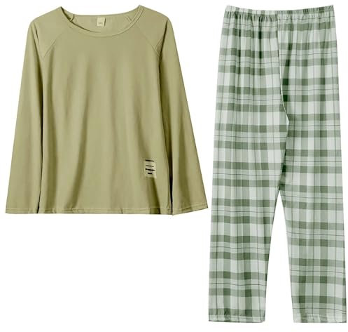 Ensemble de pyjama en coton pour femme - Manches longues - Haut à col rond - Coupe ample - Pantalon de pyjama à carreaux - Doux et respirant, Z6-vert1, M
