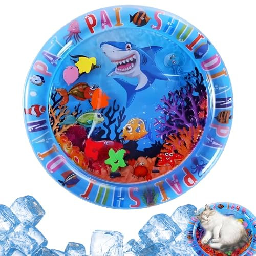 HNFKOZ Tapete de agua grueso para gatos con diseño de peces flotantes, tapete de juego de agua multiusos para mascotas y actividades de bebé, superficie de refrigeración portátil para interiores y