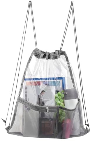 Transparenter Rucksack mit Kordelzug, wasserdicht, PVC, Turn- und Reisetasche, leichter Sportbeutel für Schwimmen, Strand, Festivals, Arbeitskleidung, Outdoor, für Kinder, Damen, Herren, 48 x 40 x 5