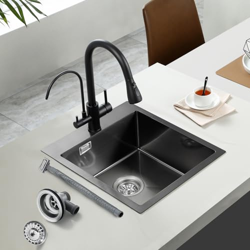 ROVOGO Küchenspüle Schwarz 50x38cm Edelstahl Spüle mit Armaturloch 1 Becken | Spülbecken Küche mit Ablaufgarnitur und Überlauf-Set, Einbauspüle Rechteckig, Einbau Spüle Klein Edelstahlspüle für Küche