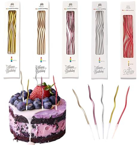 WIRZUL 30 Stück Spiral Kuchen Kerzen, Mehrfarbig (Gold, Silber, Champagner, Roségold, Rot), Dekorative Geburtstagstorte, Hochzeitsparty, Abschlussfeier