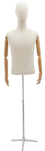 RjcdOPL Herren-Schneiderpuppe mit Gelenk, männliche Büste auf Stativ, Oberkörper und Kopf mit Leinen bezogen, Höhe verstellbar 135-193 cm, für Bekleidungsgeschäft und Boutique (Silber)