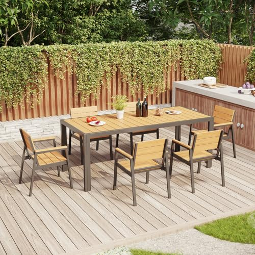 TRIUMPHKEY Aluminium Gartenmöbel 6+1, Gartenmöbel Set mit 1 189 cm PS Gartentisch und 6 Gartenstühle in Holzoptik mit Armlehnen, Wetterfeste Terrassenmöbel, Balkonmöbel, Teakfarbe