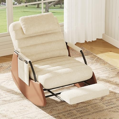 DAHUEN Fauteuil à bascule avec repose-pieds, fauteuil à bascule en bois d'hévéa avec dossier réglable (jusqu'à 180 °) et repose-pieds, dossier réglable en 3 positions (laine d'agneau beige)