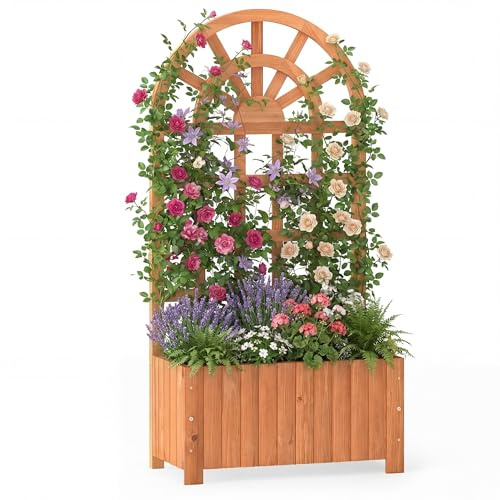 HOMASIS Fioriera con Grigliato per Rampicante, Vaso con Spalliera da Esterno con Sistema di Drenaggio, Portapiante Orto Rialzato da Giardino, Terrazzo, Balcone (Arancione, 61 x 30 x 121 cm)