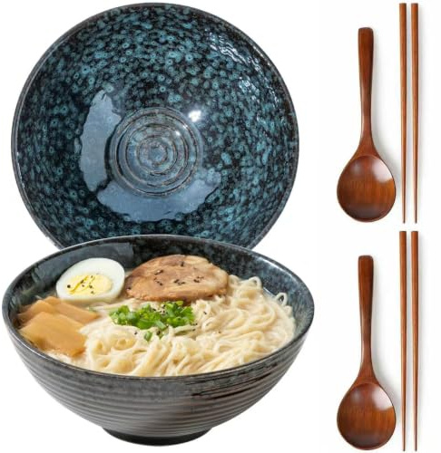 Zhonleemy Ramen Schüssel Set 1200ml Ramenschüssel aus Keramik mit | Keramik Ramenschüssel, spülmaschinenfest, mikrowellengeeignet, inklusive Essstäbchen & Löffel, für Nudeln, Suppe, Salat
