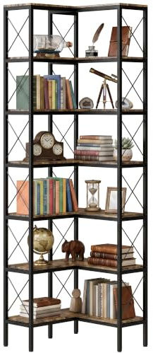 HOMCOM Bücherregal mit 6 Ebenen Metallrahmen 60x60x200cm Rustikal-Braun | Eckregal, Hoch, L-förmiges Standregal, Aufbewahrungsregal, für Wohnzimmer, Büro, Schlafzimmer