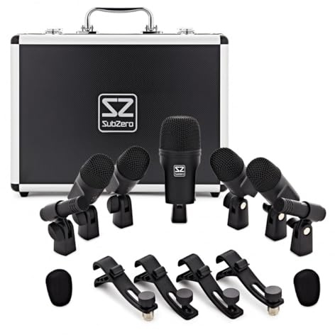 SubZero 7 Piece Drum Microphone Set with Case and Clamps | Full drum kit coverage, tight punchy bass drum mic, clear balanced tom/snare mics, condenser mics for cymbals