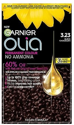 Garnier Olia Luminous Long-Lasting Hair Colour, 3.23 Black Chocolate | 100% Grey Coverage, Oil-Powered Formula, Luminous Long-Lasting Vibrant Colour, No-Ammonia, 3x Shinier Hair