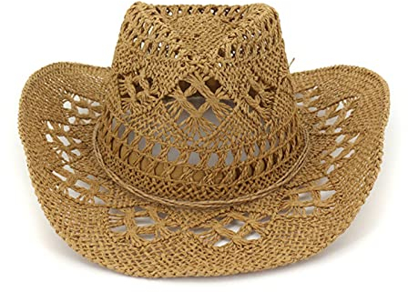 XMYNB Stroh Sommerhut Dame Visier-Hut Für Sommer-Hut-Reise-Sonnenschutz-Hut Western Cowboy Handgewebe Strohhut-Khaki,56-58Cm