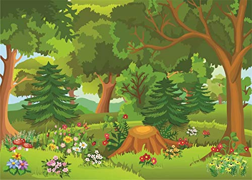 BELECO 1.5x1m Fabric Cartoon Forest Backdrop Fairytale Forest with Flowers Mushroom Phtography Backdrop for Birthday Party Decoration Baby Shower Kids Game Photoshoot Photo Background