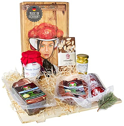 Schwarzwald Metzgerei MARIE Präsentkorb - Süss, salzig, würzig - Zusammenstellung mit Würsten, Marmelade, Senf, Schokolade, Schinken und Salami - 6 teilig