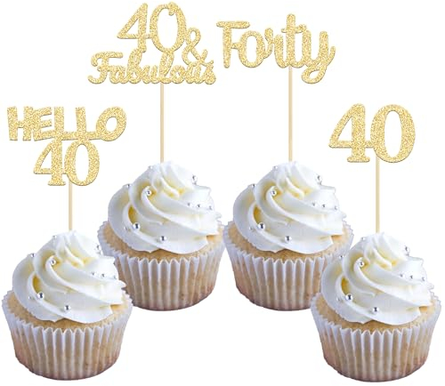 Gyufise 24Pcs Gold Glitter 40th Birthday Cupcake Toppers Hello 40 Forty Cake Decorations 40 & Fabulous Cupcake Picks for 40th Birthday Cake Decorations Supplies