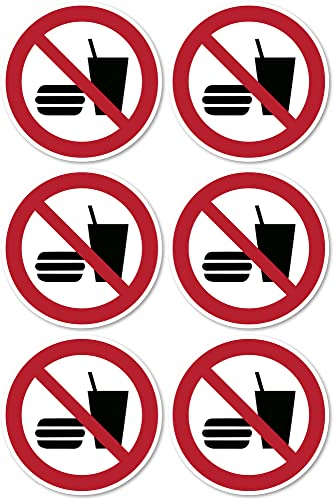 Essen und Trinken verboten, Verbotszeichen: P022 - DIN EN ISO 7010 / ASR A1.3 - Aufkleber: Ø 5 cm, 6 Stück