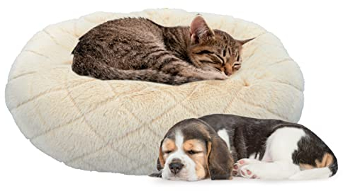 Pet Comfort Hundebett/ Katzenbett - Donut - Kissen - Sofa - für Katzen und kleine Hunde - Flauschig - Waschbar - Ø46cm - Beige