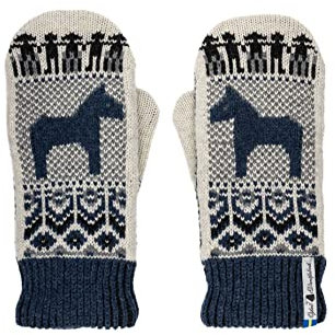 ÖJBRO VANTFABRIK Dalarna Blå Fäustlinge 4 Lagen beige/blau/schwarz Gr. M 100% Merinowolle Handschuhe Strick warm weich - Hergestellt in Schweden
