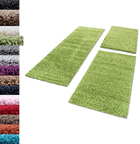 Carpettex Bettumrandung Schlafzimmer 3teilig Shaggy Teppich Hochflor Einfarbig Grün Bettset:2 mal 80x150 + 1 mal 100x200 - Bettvorleger Schlafzimmer Läuferset Weicher Flauschig Bettumrandung Teppich