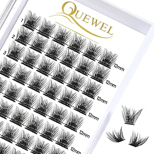 QUEWEL Cils individuels Cils en grappes Naturel Mat Mega C Curl Segments de cils 12 mm (Fluffy-C-12)