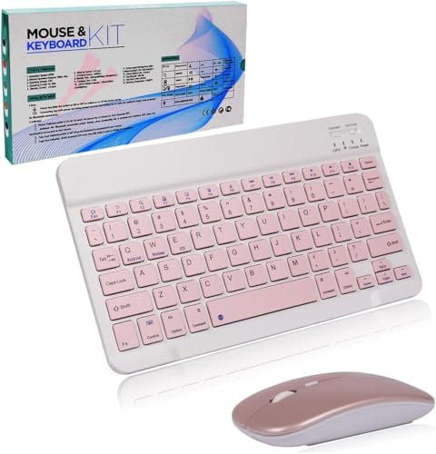 Wireless Keyboard and Mouse,Bluetooth Rechargeable Mini Small Silent 10-inch Compact Flat Keyboard and Mouse Set for Computer/iPad/PC/Tablet/Surface/Mac/Microsoft/Android(pink)