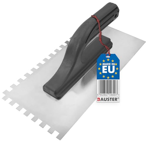 BAUSTER® Edelstahl Glättkelle 270 x 128 mm mit Zahnung Zahnkelle zum Verlegen von Fliesen Edelstahlkelle mit Kunststoffgriff unentbehrlich beim Fliesen Unterschiedliche (8x8mm)