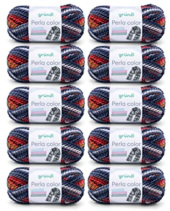 Gründl Wolle Perla color (wollähnliches Handstrickgarn aus 100% Polyester, 100 g / 90 m, Nadelstärke: 8-9, 10 x 100 g), weiß-basaltblau-rot-curry