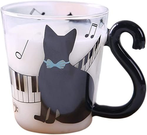 Uteruik Cat Kitty Glas Tasse Klavier bedruckt Teetasse Milchbecher Kaffeetasse