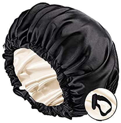 Juimtien Satin Schlafhaube Haar Mütze Mädchen Seidenmütze,Damen Lange Satin Mütze Schlafhaube Extra Große Satin Haarhaube Doppellagig Verstellbare schlafhaube Haare schützen(Schwarz)
