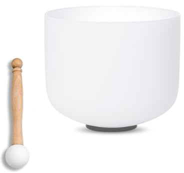SOUNDELLO 8 inch White D Note Sacral Chakra Quartz Crystal Singing Bowl, for Healing Mindfulness Meditation Yoga Sound Baths, with Rubber Mallet O-ring