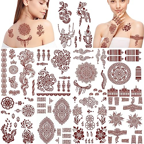 DPKOW 9 Blatt Henna Tattoo Braun Rot Temporäre Tattoos für Frauen Mädchen Lotus Mandala Blume Tattoo Aufkleber Indische Spitze Tattoo Wasserdicht Eid Hochzeit Temporäre Tattoo für Hand Arm Körperkunst