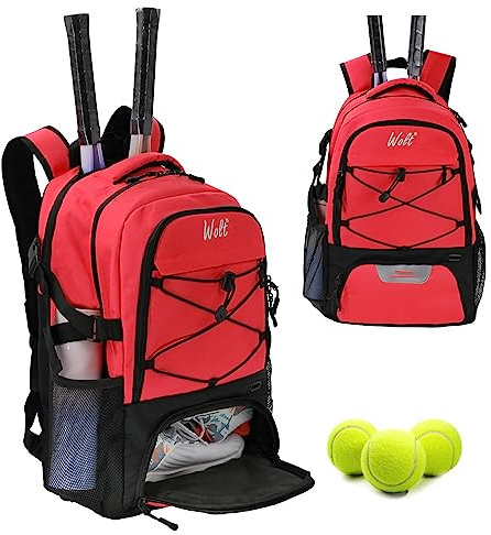 WOLT Tennis Bag Large Tennis Racket Backpack for Women Men, Holds 2 Racquets with Shoe Compartment Fits Badminton Pickleball Squash Racket, Red