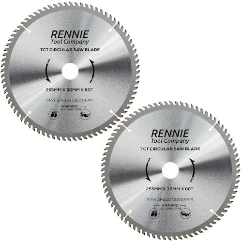 2 Pack - Rennie Tools - 255mm x 30mm x 80T TCT Circular Wood Saw Blades Includes 25mm 20mm & 16mm Bore Reduction Rings. Compatible with Bosch Makita Dewalt Circular Saw Etc. Fits 254mm Circular Saws